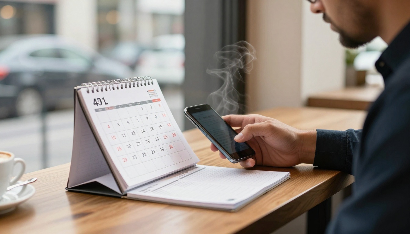 A professional man checking his phone calendar in a coffee shop with a paper planner open on the table A professional man checking his phone calendar in a coffee shop with a paper planner open on the table