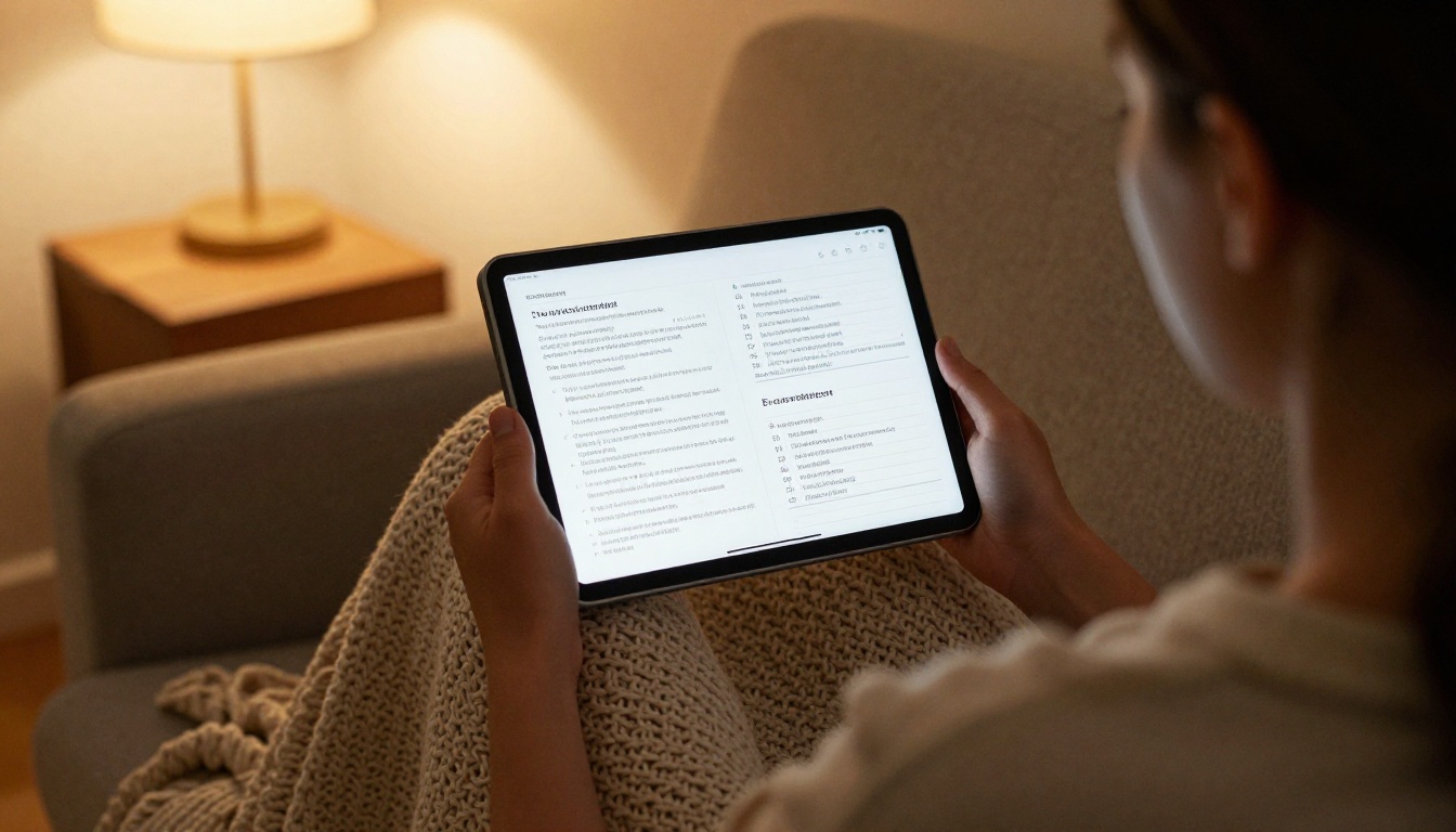Over-the-shoulder view of a young woman reading a digital flipbook planner on a tablet in a cozy living room Over-the-shoulder view of a young woman reading a digital flipbook planner on a tablet in a cozy living room