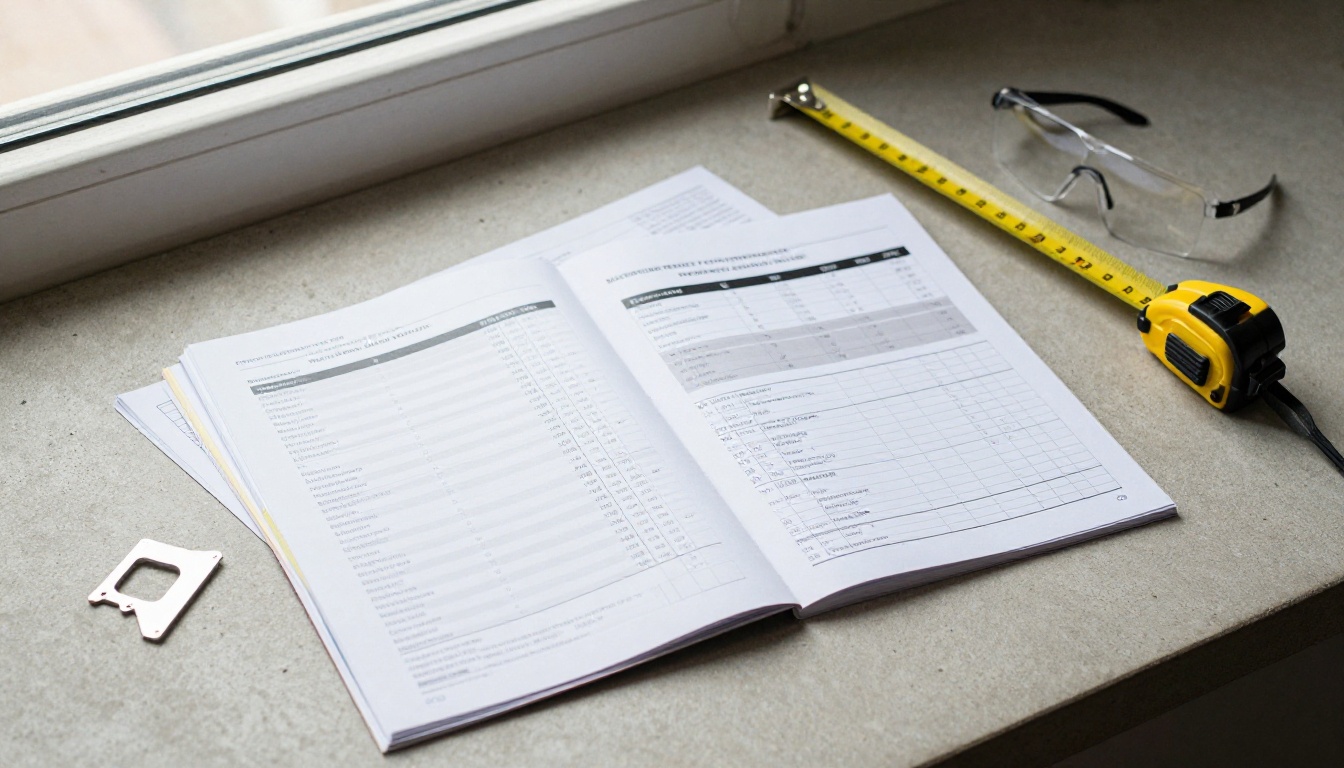 Flat lay of printed data sheets, a laminated brochure and an aluminium part