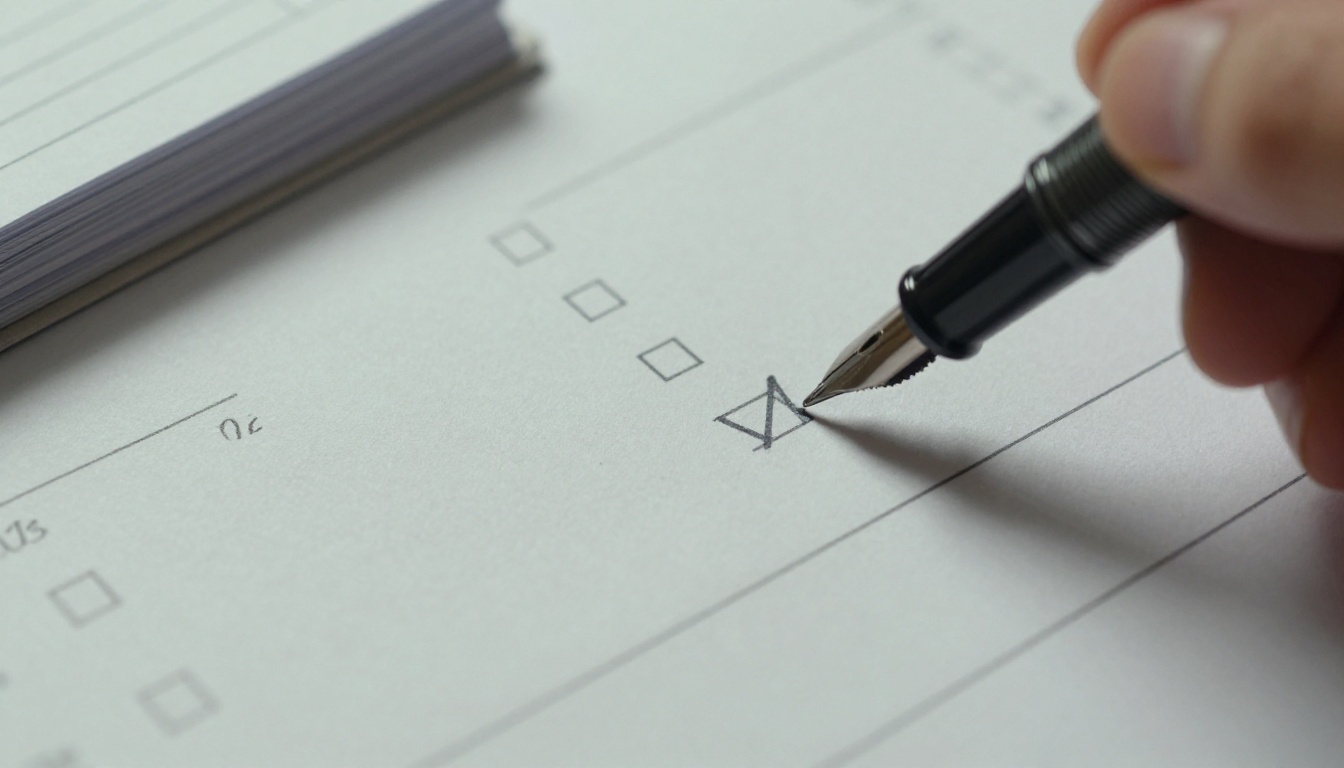 Hand ticking a printed checklist beside a stack of reports
