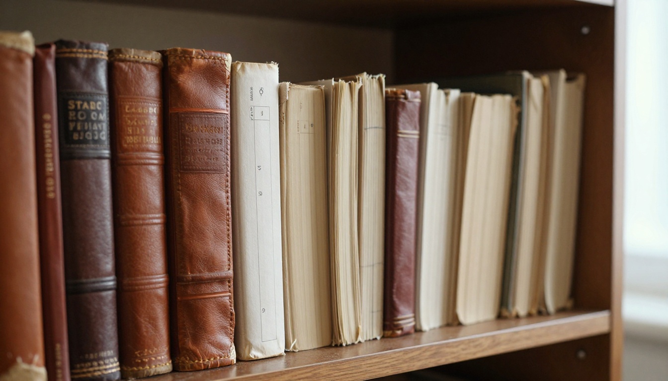 A row of worn paper planners from past years on a wooden bookshelf A row of worn paper planners from past years on a wooden bookshelf