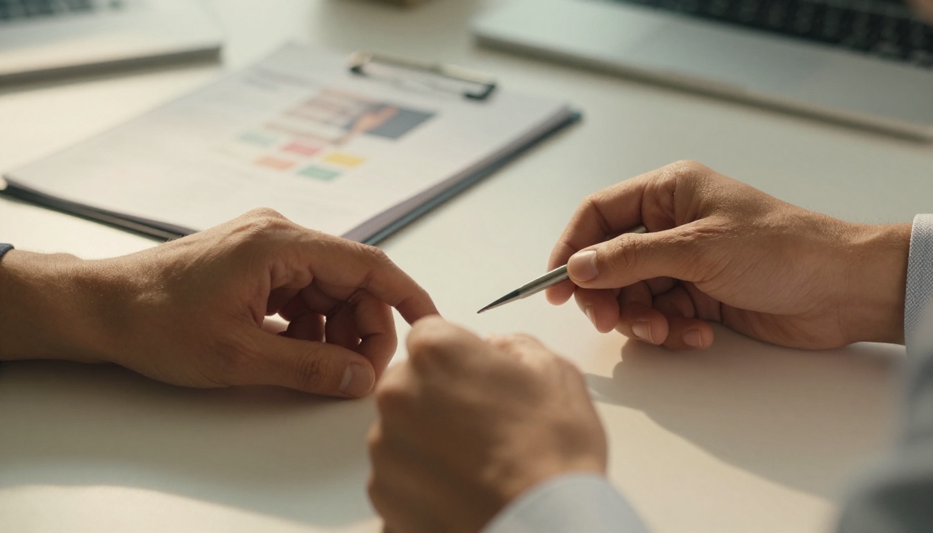 Handshake closing a deal over a brochure and folder