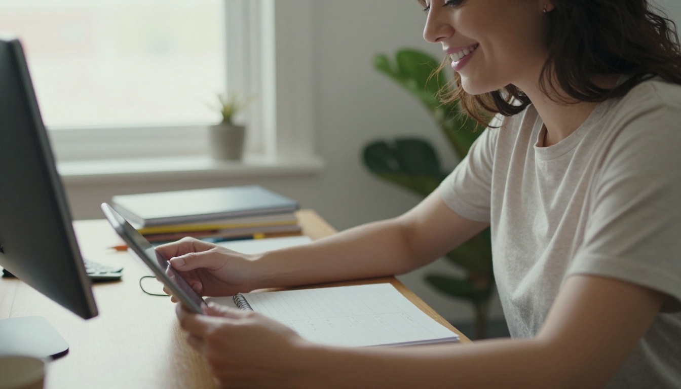 A woman smiling at her desk with a paper planner in one hand and a tablet in the other A woman smiling at her desk with a paper planner in one hand and a tablet in the other