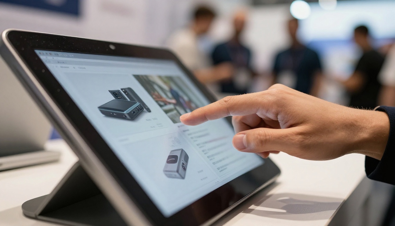 Digital flipbook catalog on a tablet kiosk being swiped by a visitor