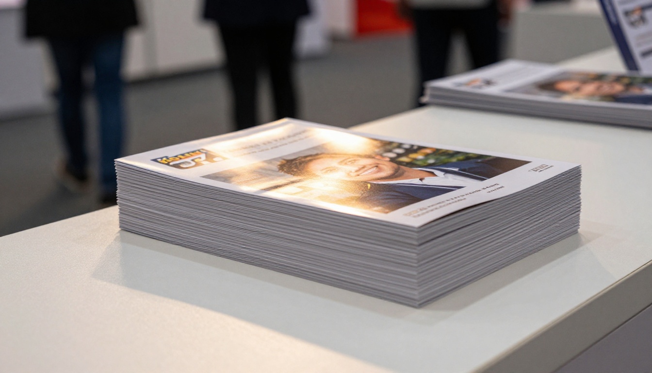 Stack of printed tri-fold brochures on a trade show counter