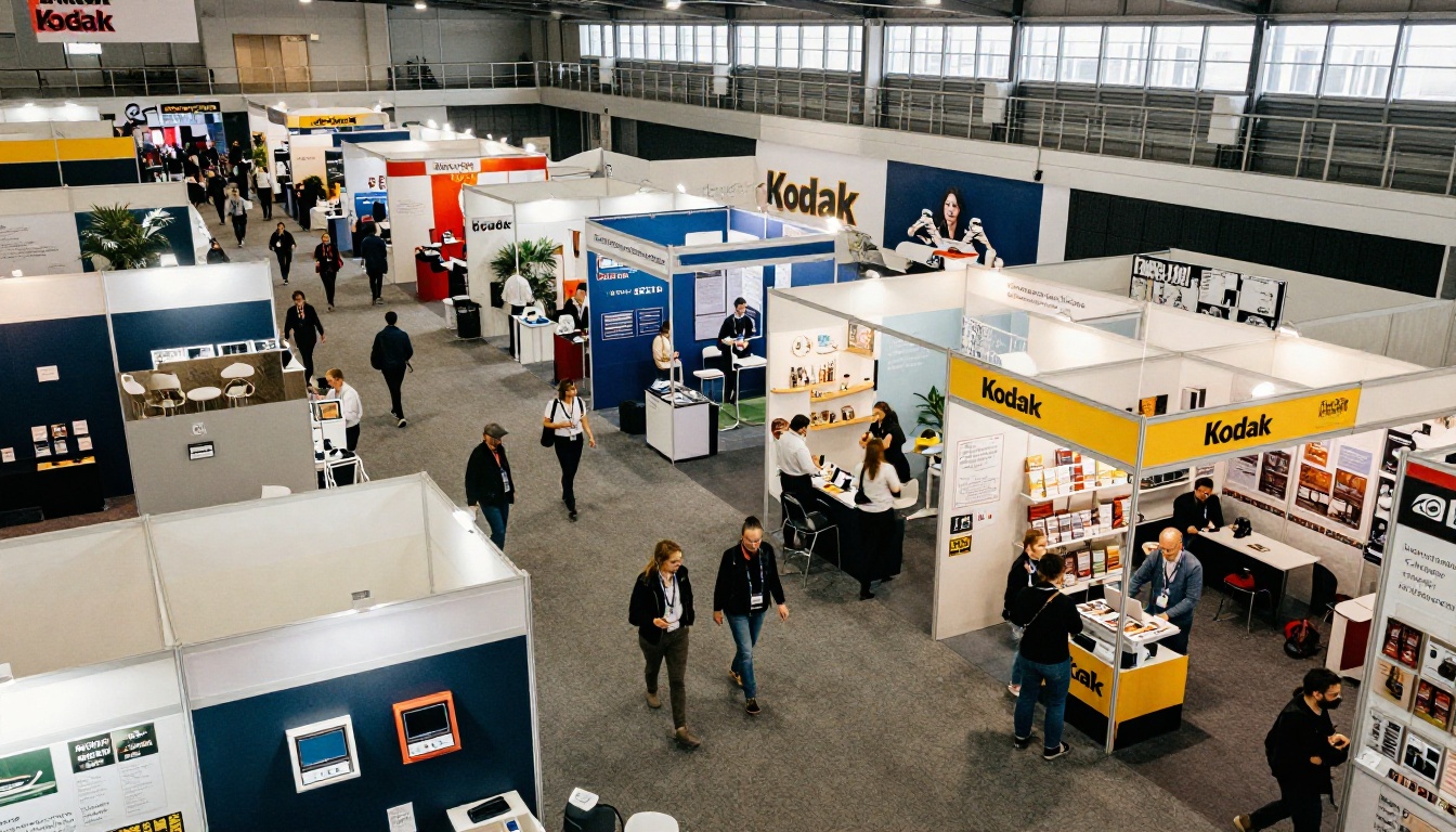 Trade show floor from above with rows of booths