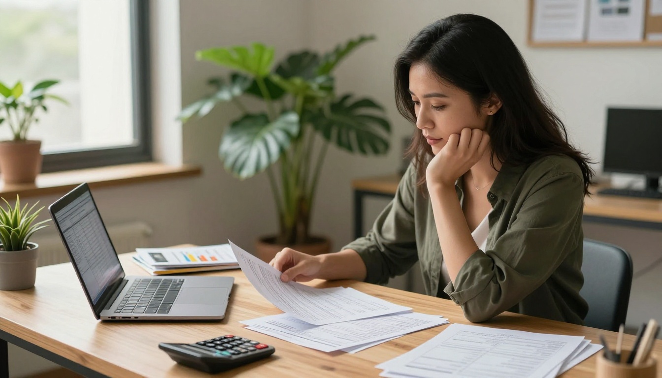 Marketing manager comparing printing invoices with a laptop spreadsheet