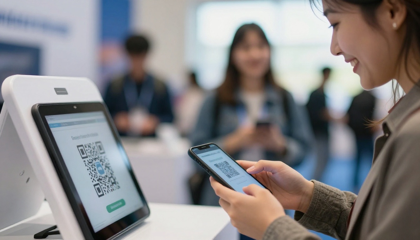 Booth representative scanning a QR code on a visitor's phone