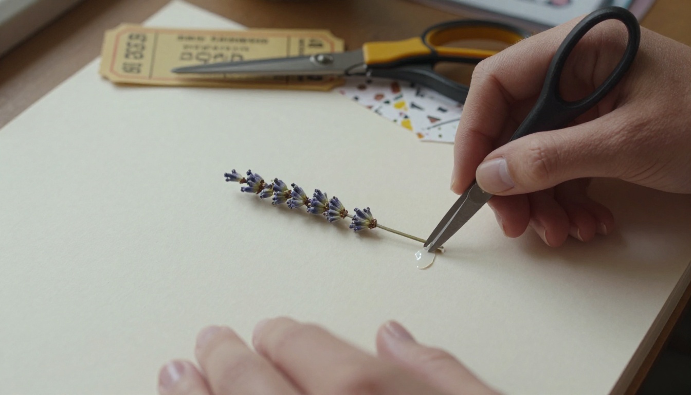 Hands gluing a ticket and pressed lavender onto a scrapbook page Hands gluing a ticket and pressed lavender onto a scrapbook page