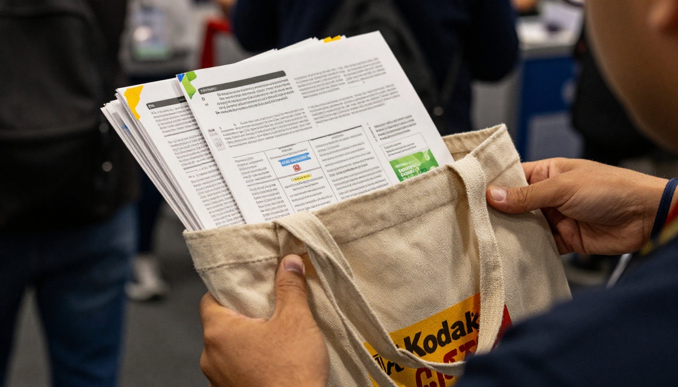 Visitor carrying a tote bag stuffed with printed brochures
