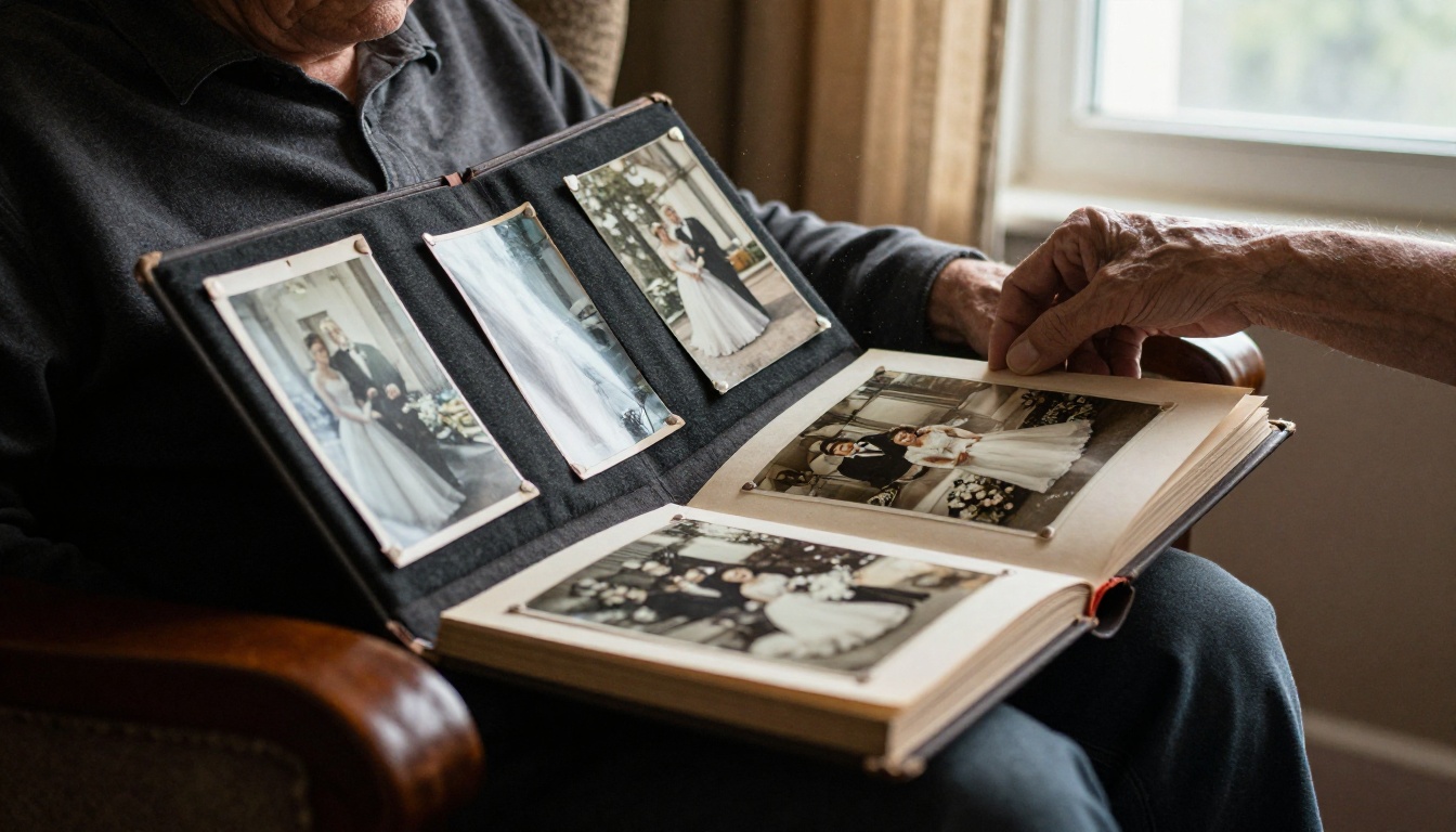 Elderly man turning the pages of a classic photo album Elderly man turning the pages of a classic photo album