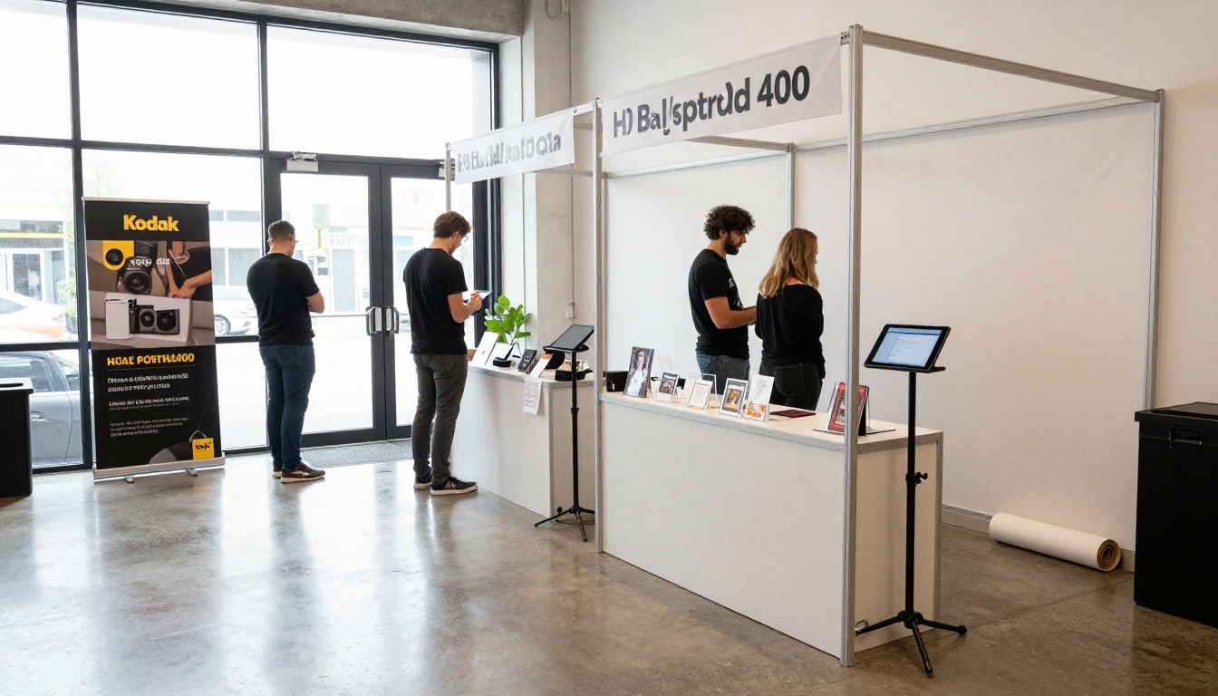 Small tidy booth with a tablet stand, printed cards, and a roll-up banner