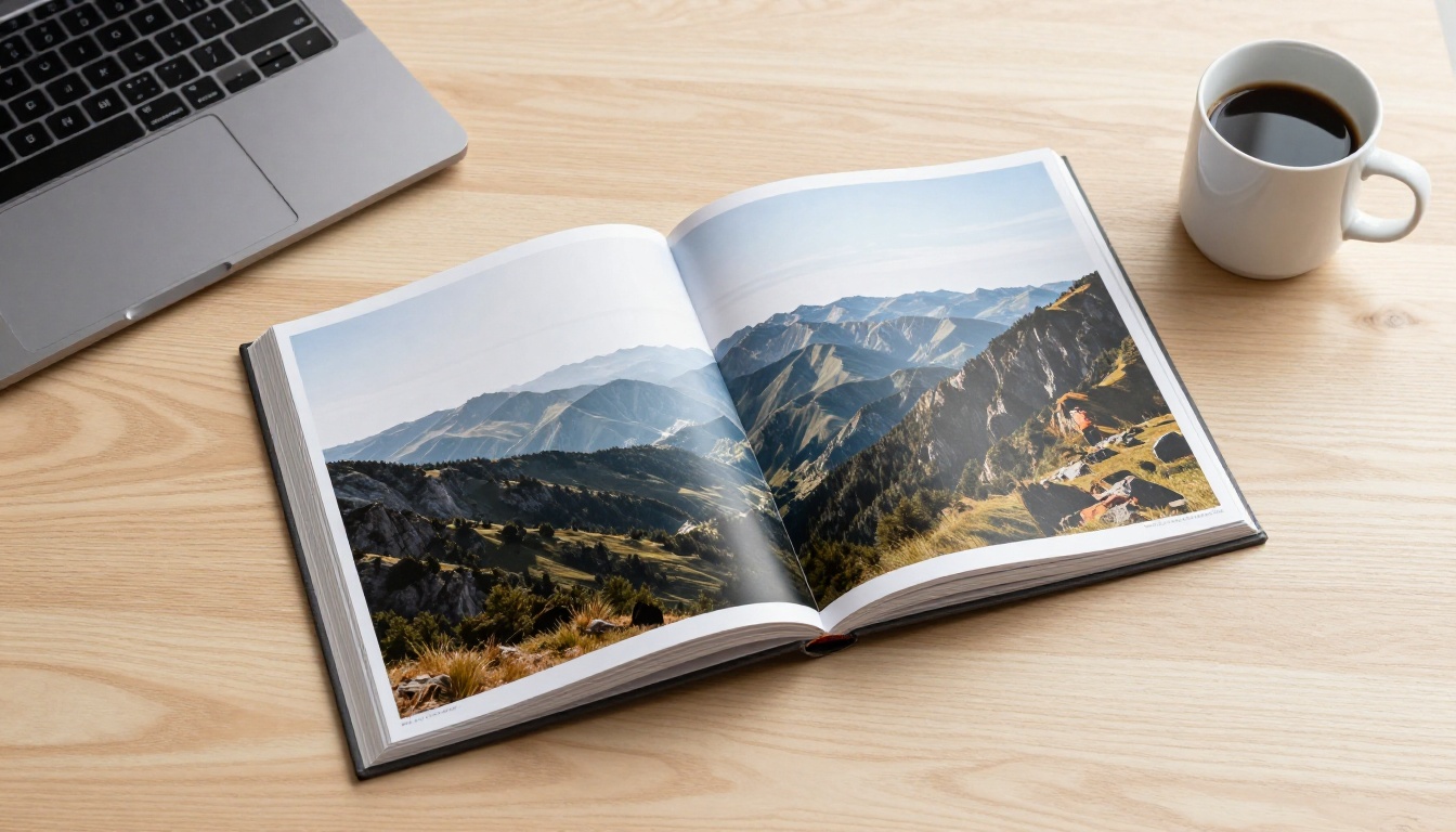 Aerial view of a lay-flat photo book open on an oak desk Aerial view of a lay-flat photo book open on an oak desk