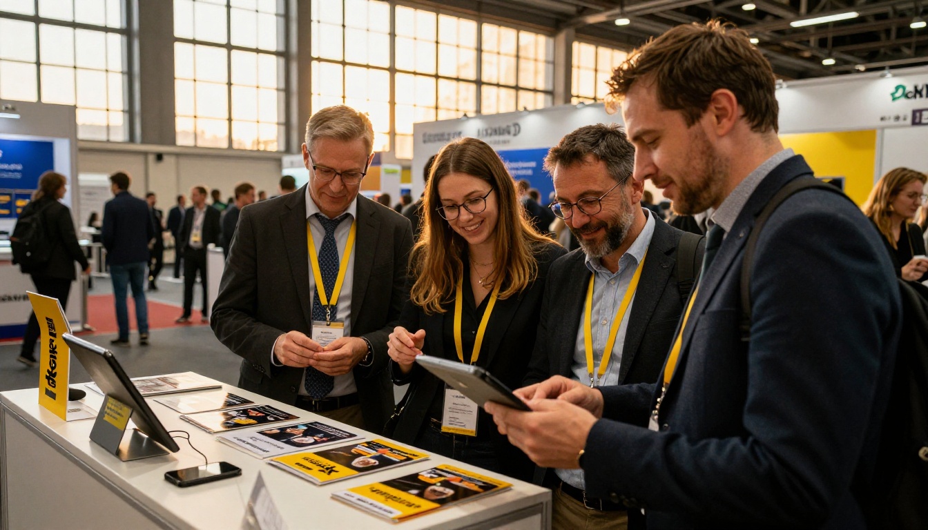 Sales team smiling at the end of a trade show day beside a kiosk and leftover brochures