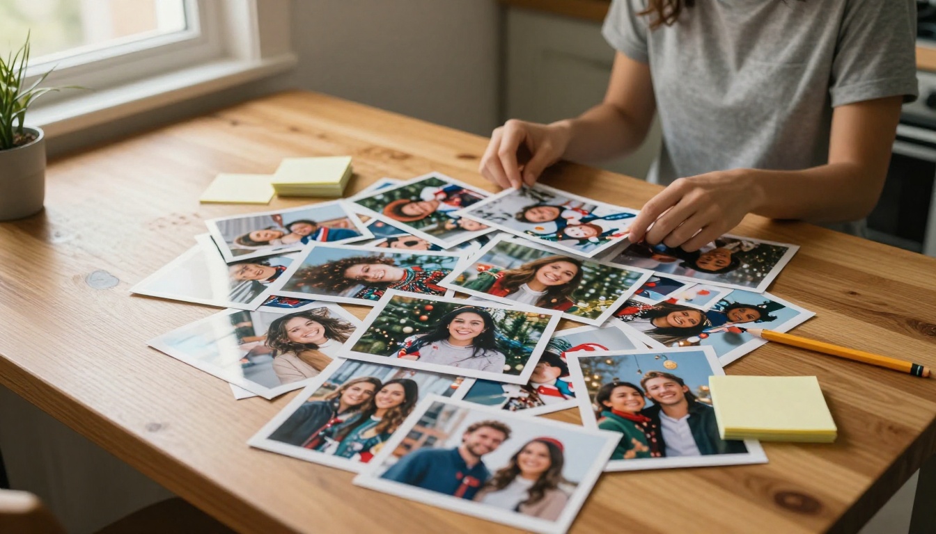 Couple sorting printed holiday photos at a kitchen table Couple sorting printed holiday photos at a kitchen table