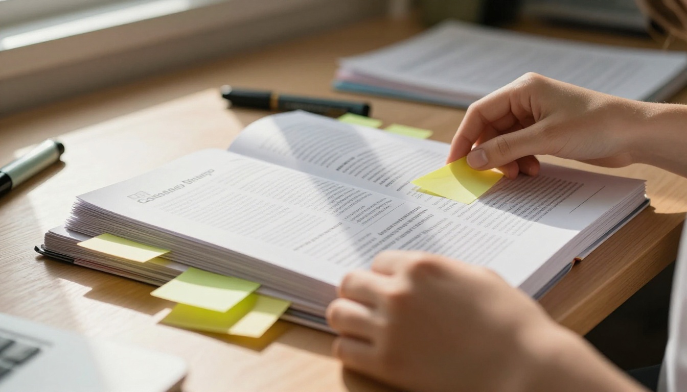 Teen girl flipping through a printed college viewbook with sticky notes at her desk