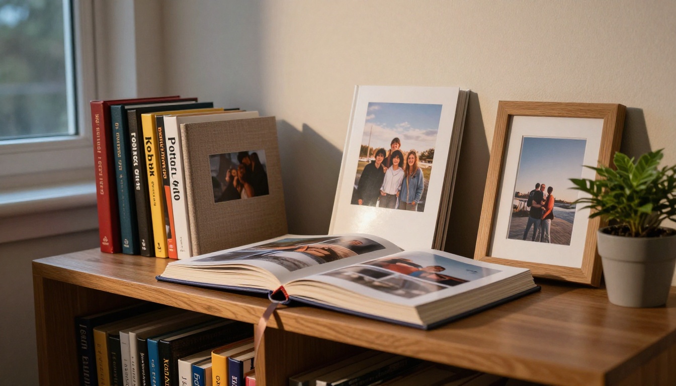 Bookshelf holding albums, a scrapbook and a photo book Bookshelf holding albums, a scrapbook and a photo book