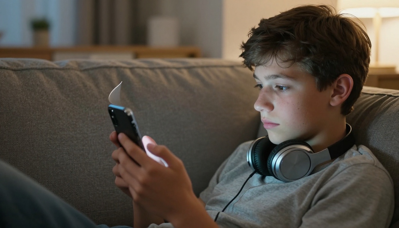 Teen boy lying on a couch reading a digital viewbook on his phone