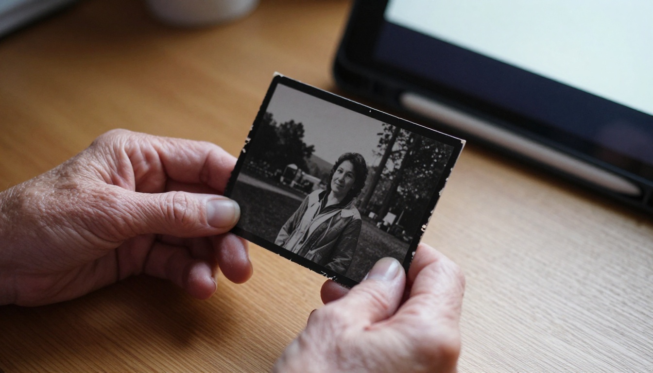 Grandmother's hands holding an old print beside a scanned copy on a tablet Grandmother's hands holding an old print beside a scanned copy on a tablet
