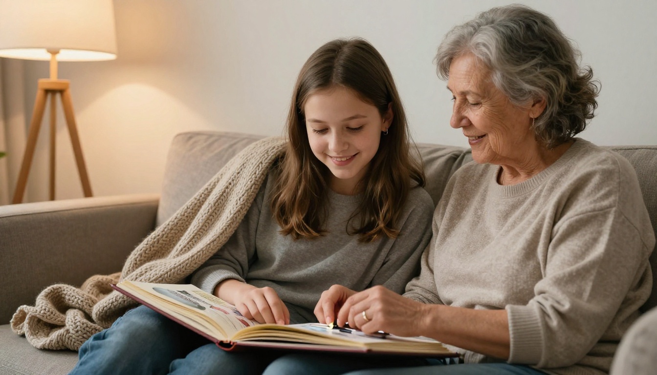 Teenager and grandmother looking at a travel scrapbook on a sofa Teenager and grandmother looking at a travel scrapbook on a sofa