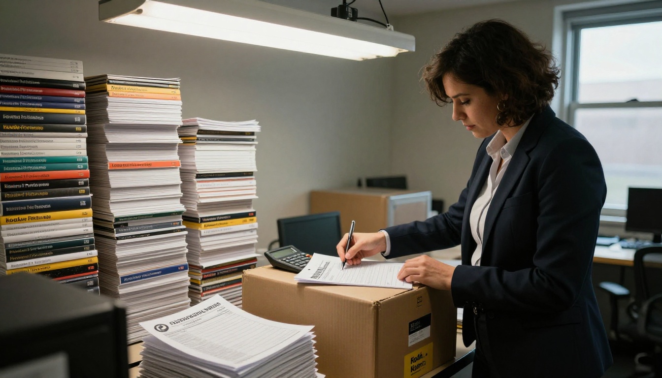 Admissions staffer checking a printing invoice beside stacks of boxed viewbooks