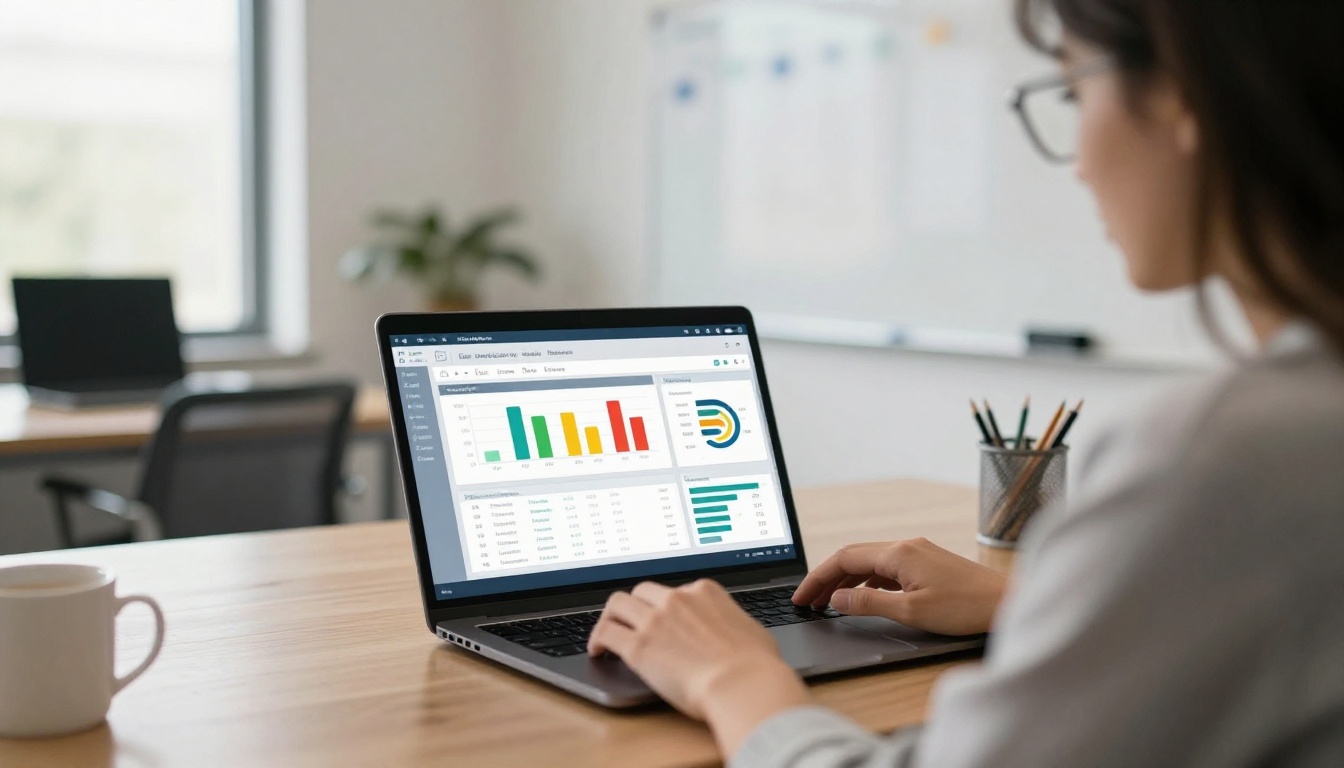 Marketing coordinator reviewing analytics charts on a laptop in a school office