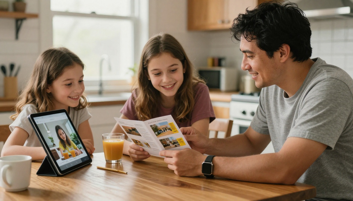 Parent and teen daughter comparing a printed viewbook and a tablet at a kitchen table