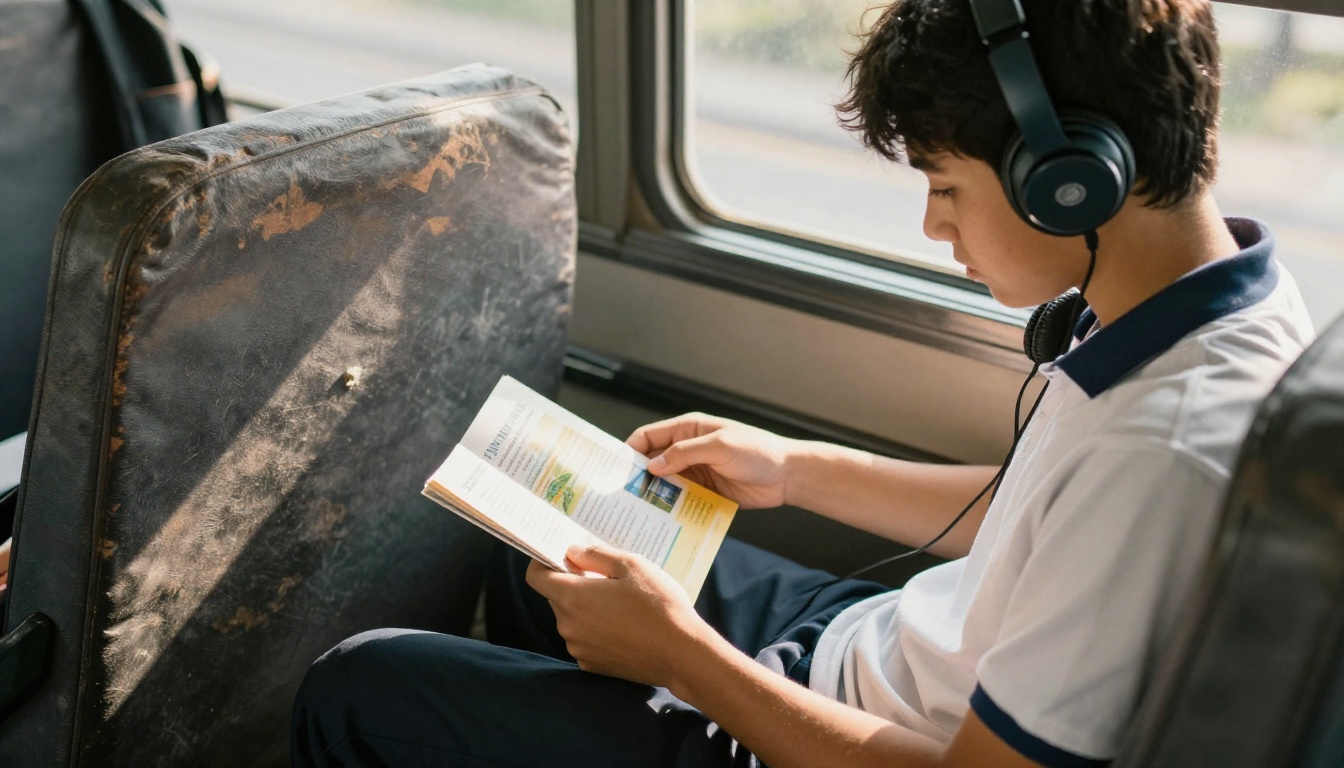 Teen student on a school bus reading a school brochure on her phone