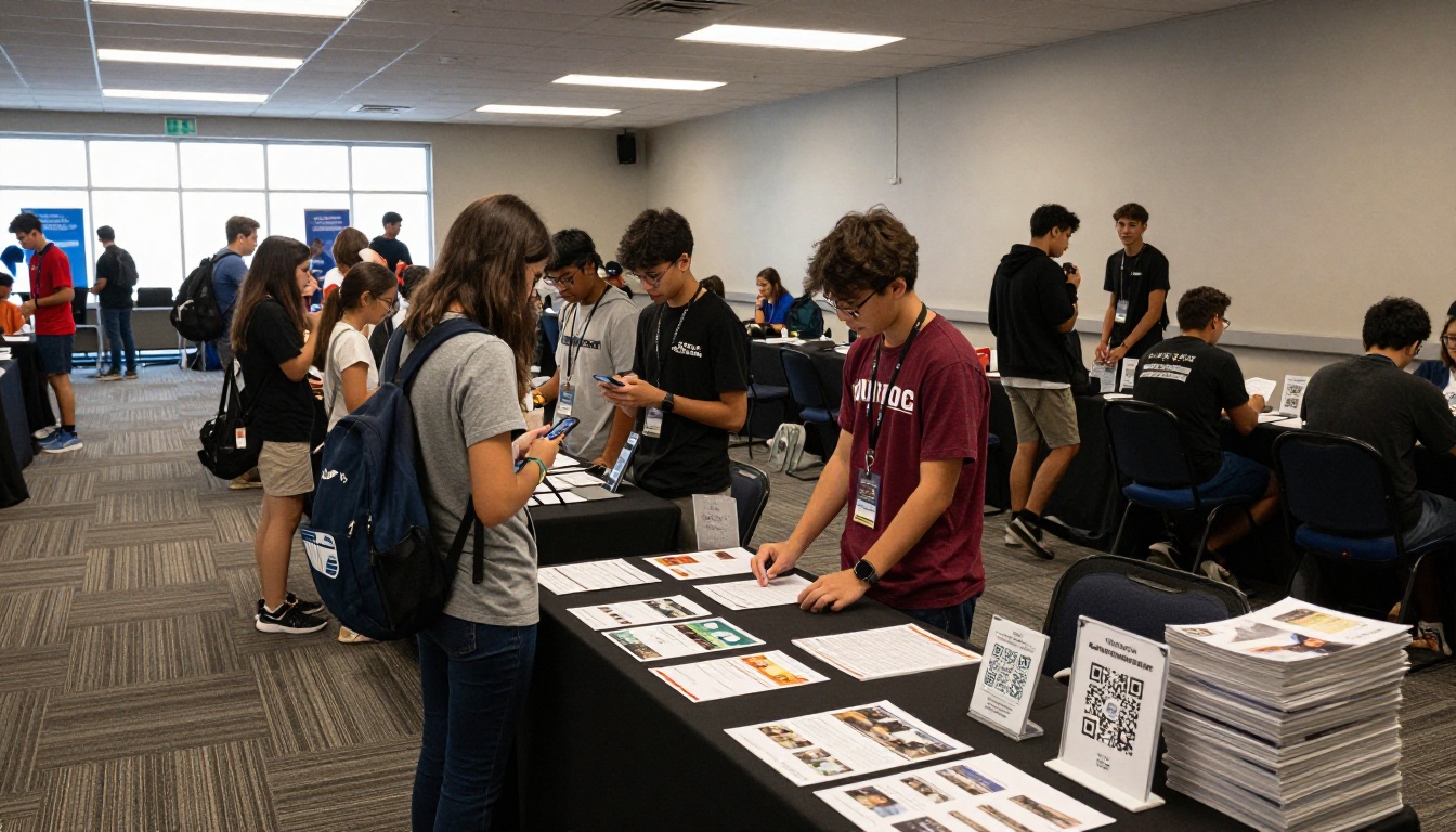 Students scanning a QR code at a busy college fair table with printed viewbooks