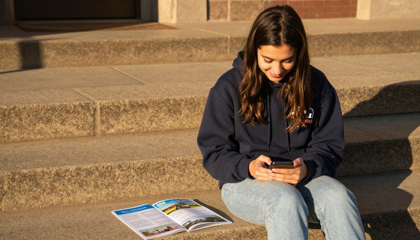 Smiling high school senior on campus steps holding a printed viewbook and a phone