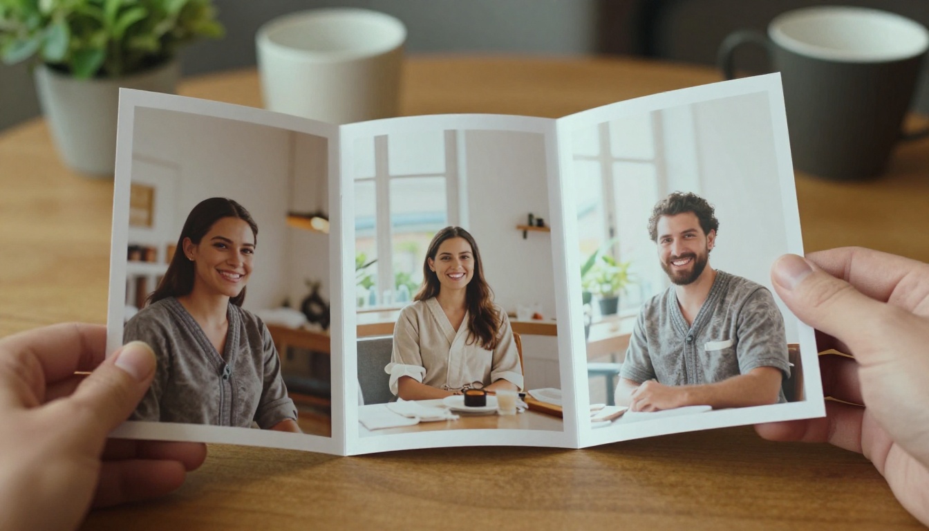 Hand holding an open tri-fold brochure over a cafe table