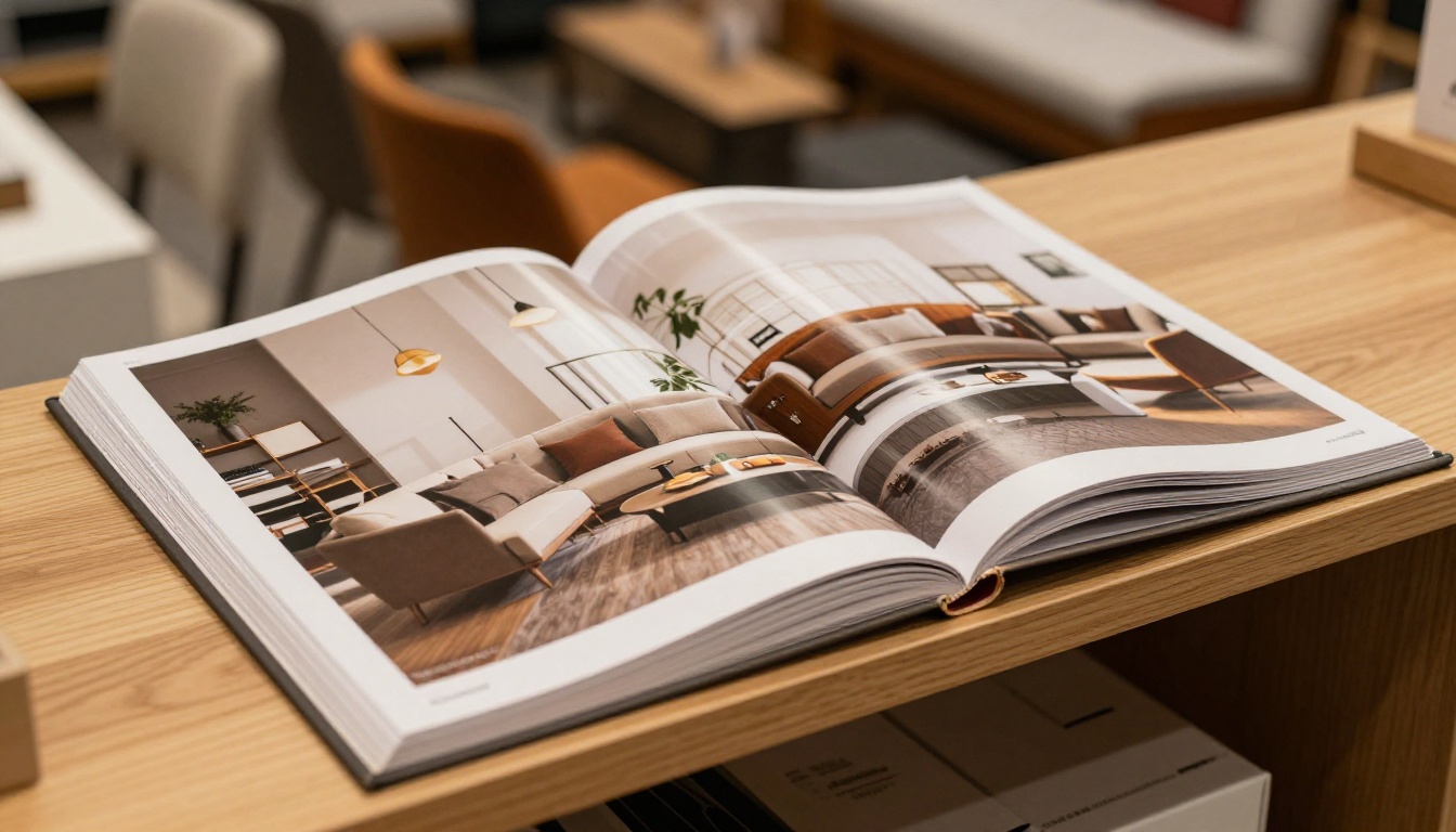 Low-angle view of a thick printed catalog open on a showroom shelf