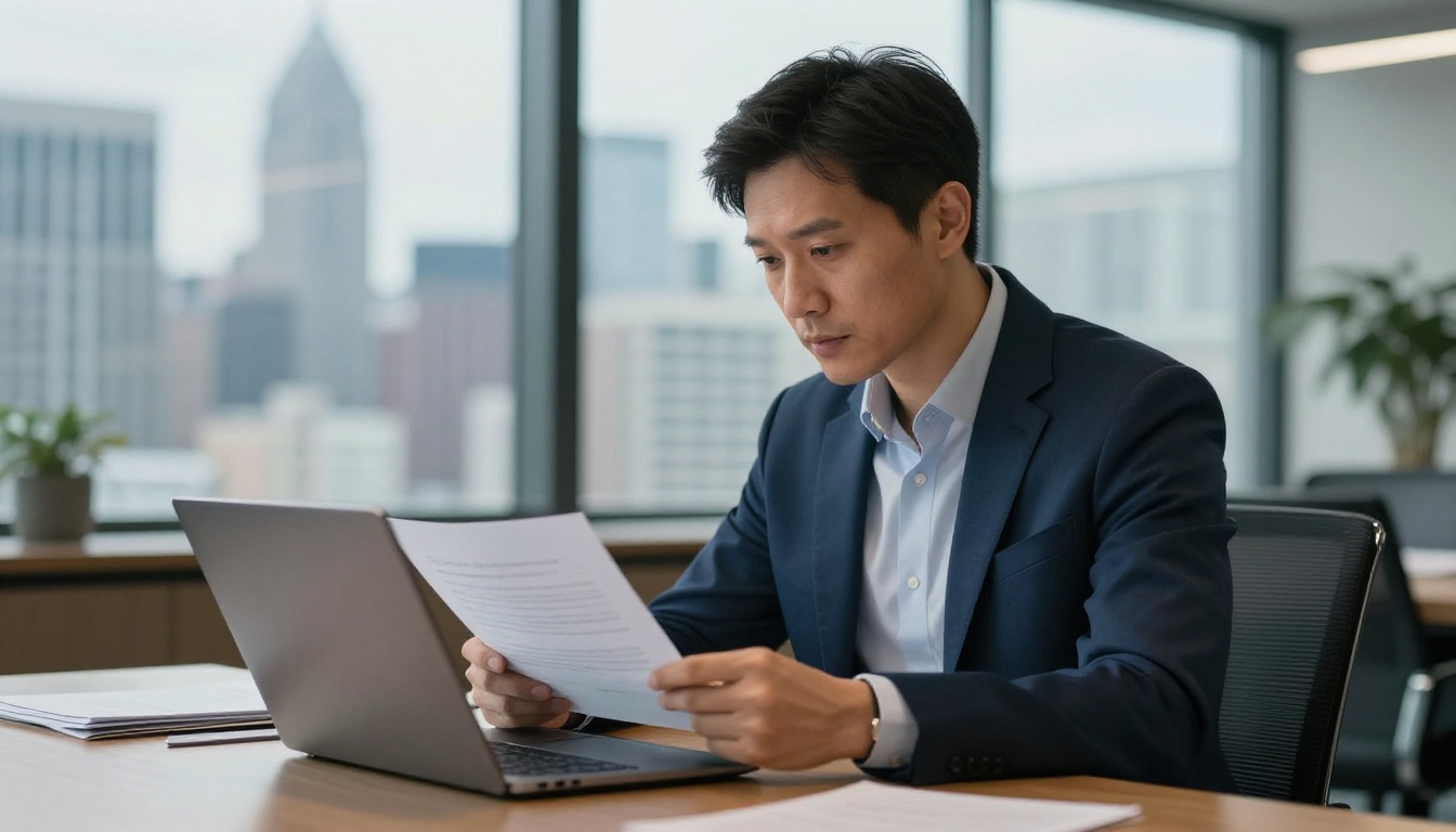 Venture investor reading documents on a laptop in a glass meeting room Venture investor reading documents on a laptop in a glass meeting room