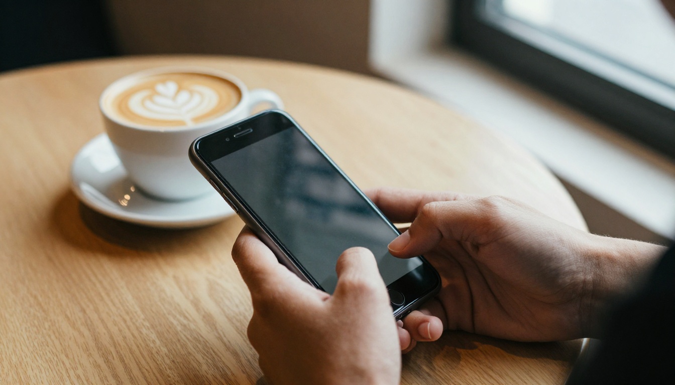 Hands scrolling a phone beside a coffee on a cafe table Hands scrolling a phone beside a coffee on a cafe table