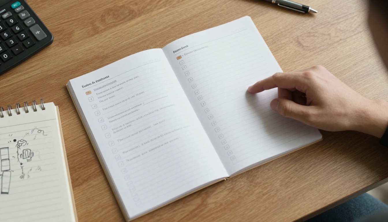 Top-down view of a brochure, a catalog and a handwritten checklist on a desk