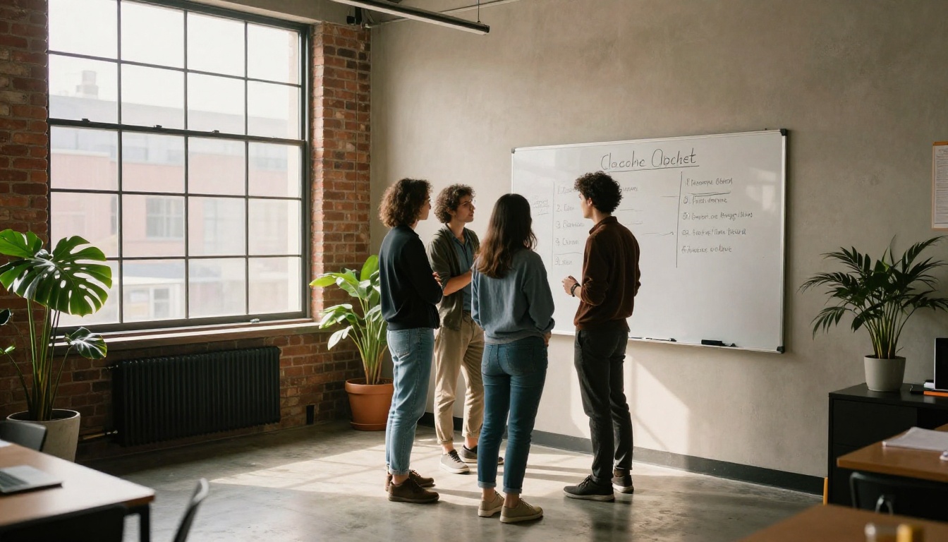 Founders discussing a document checklist at a whiteboard in a loft office Founders discussing a document checklist at a whiteboard in a loft office