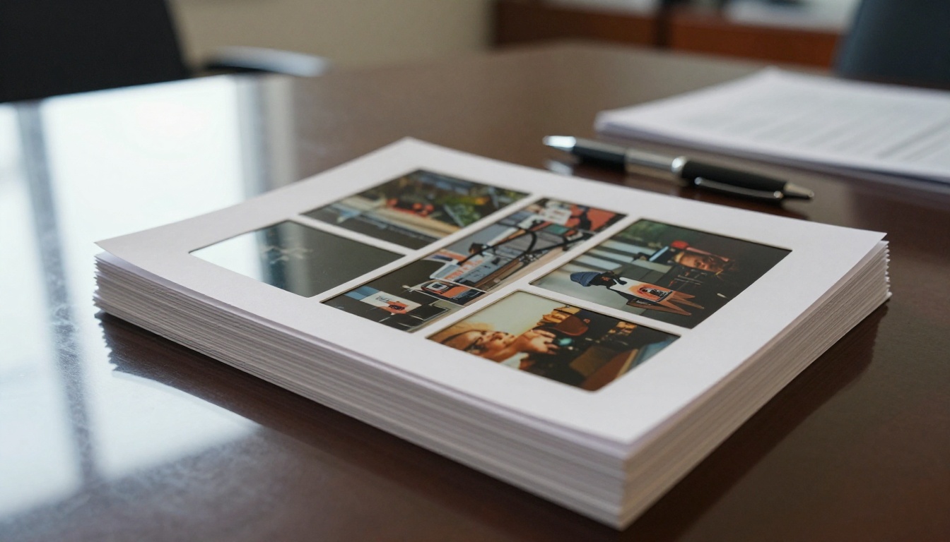 Low-angle view of printed slide pages stacked on a glass table Low-angle view of printed slide pages stacked on a glass table