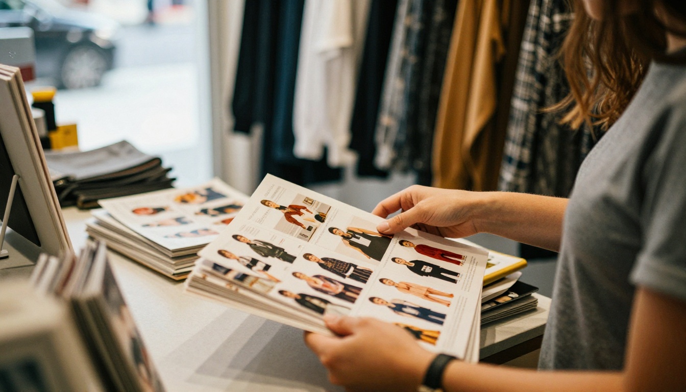 Boutique owner flipping through a printed fashion catalog at a shop counter