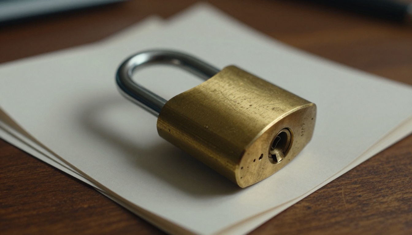 Brass padlock resting on a stack of closed folders Brass padlock resting on a stack of closed folders