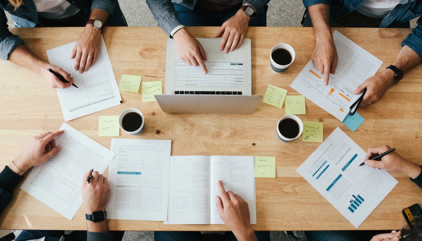 Aerial view of a team reviewing printed charts and sticky notes Aerial view of a team reviewing printed charts and sticky notes