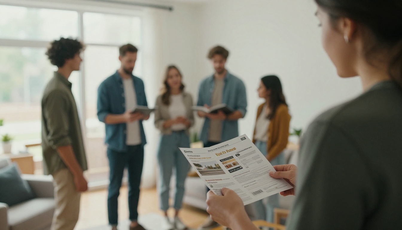Real estate agent handing a folded brochure to a couple in a living room
