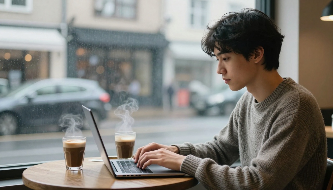 Founder typing on a laptop at a cafe window table Founder typing on a laptop at a cafe window table