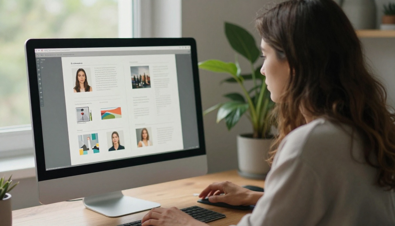 Designer arranging a slide layout on a monitor in a bright studio Designer arranging a slide layout on a monitor in a bright studio
