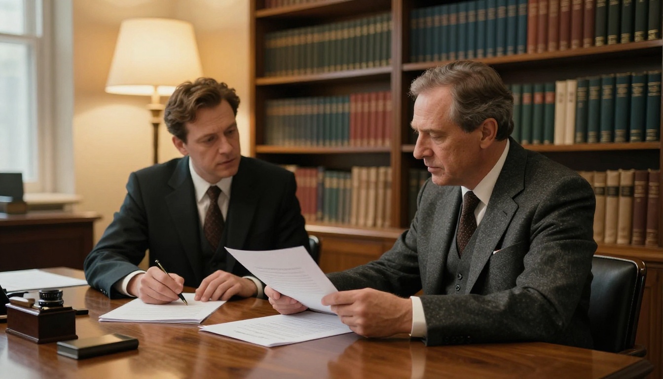 Two lawyers reviewing a contract at a mahogany table Two lawyers reviewing a contract at a mahogany table