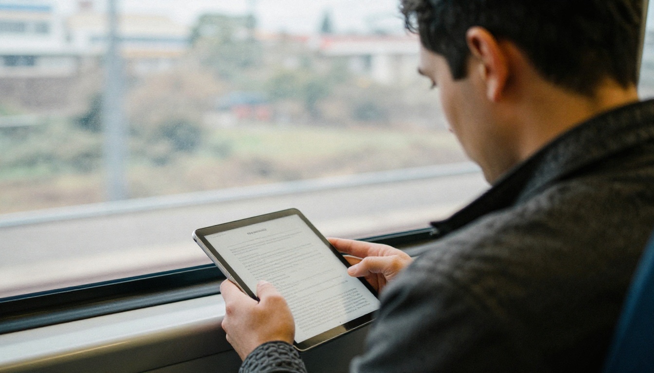 Man reading a document on a tablet during a train commute Man reading a document on a tablet during a train commute