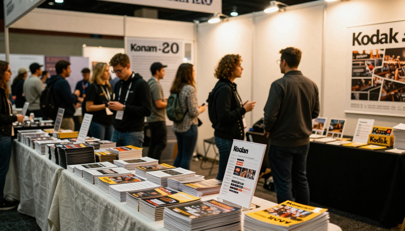 Trade show booth with stacked brochures and a catalog on a stand
