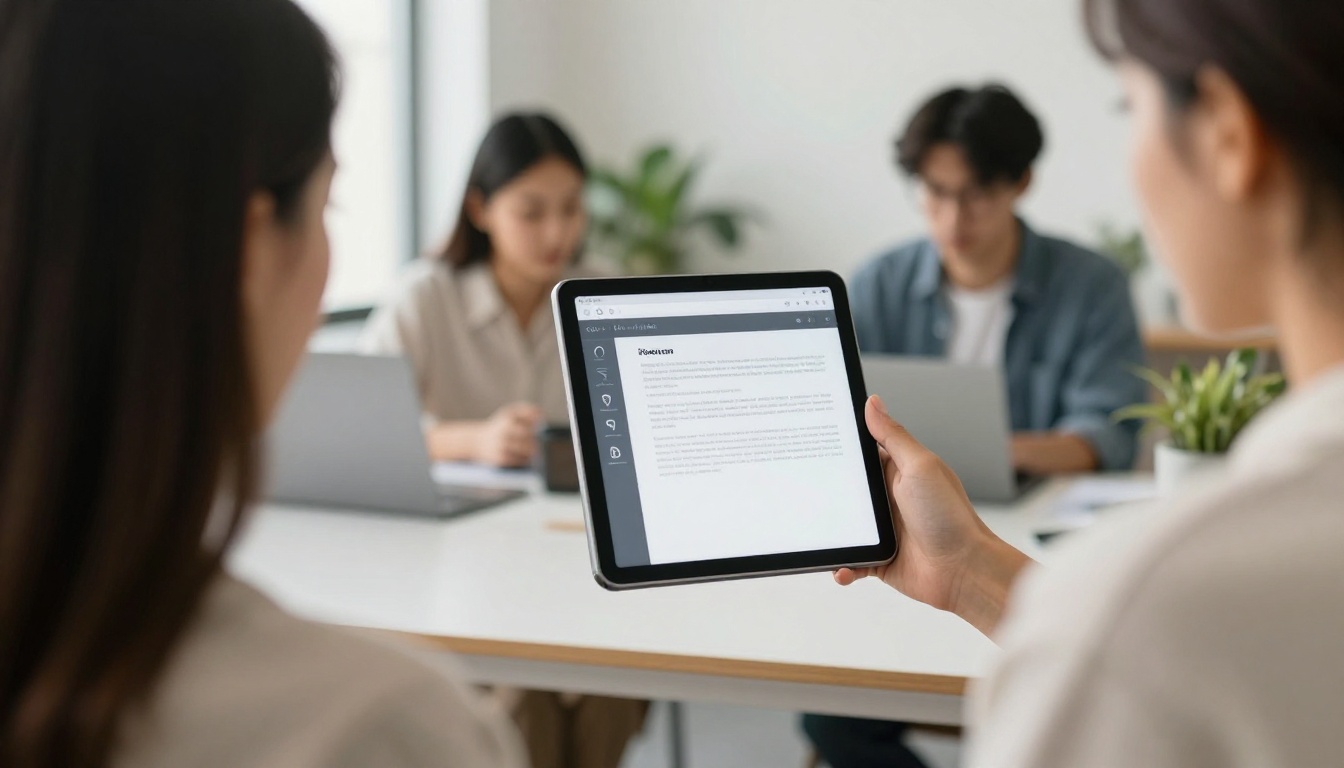 Woman presenting a digital document on a tablet to two colleagues Woman presenting a digital document on a tablet to two colleagues