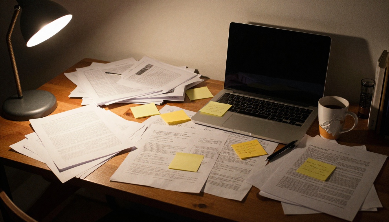 Cluttered desk with scattered papers, sticky notes and a laptop Cluttered desk with scattered papers, sticky notes and a laptop