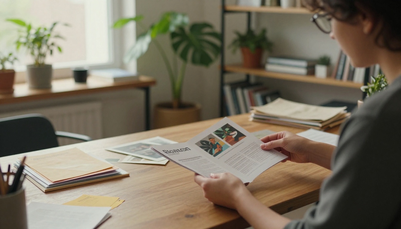 Business owner presenting a printed brochure to a client Business owner presenting a printed brochure to a client