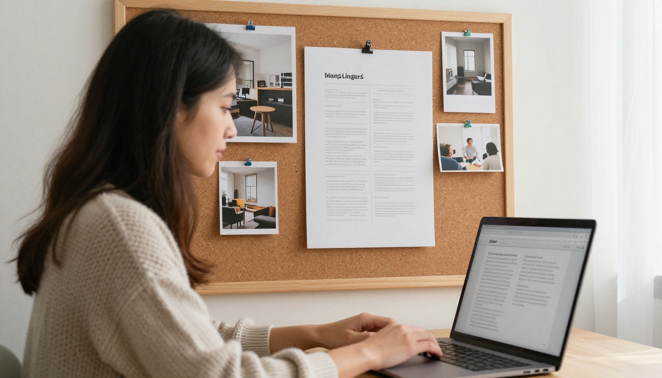 Woman reviewing a catalog PDF layout on a laptop in a home studio